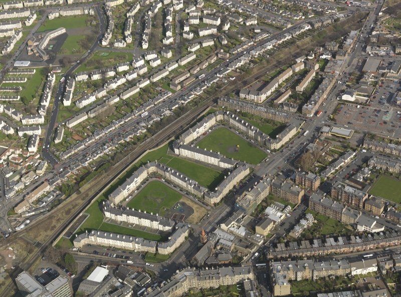 An aerial view of Piershill, an urban area. The houses in the centre make a zig, zag square shape.