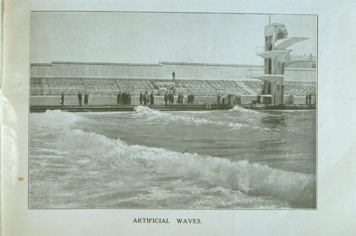 Black and white archive photo showing waves at portobello swimming pool. There is text over the image which reads artificial waves.