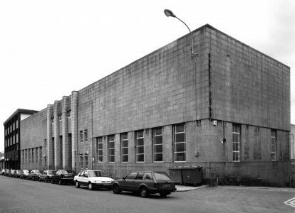 Black and white archive photo showing the exterior of the Bon Accord Baths swimming pool