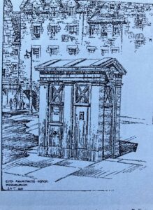 A sketch of a street sign and someone standing in front of it.