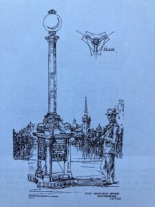 A sketch of a police box with a building in the background.