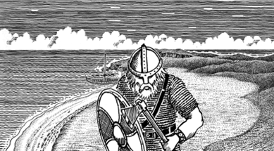 Graphic of a viking with armor, int he background is a coastal outline, with a viking ship.