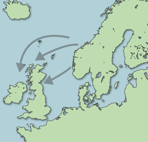 A section of the world map, focusing on northern Europe and the UK. There are three arrows from Scandinavia to the north of Britain, which trace the journey of the Vikings.