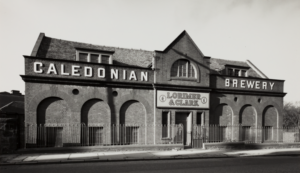 A building with 'Caledonian brewery' on the front, as well as 'Lorimer & Clark'