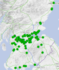 Map of known quoiting grounds across Scotland, the grounds are marked with a green icon. They are mainly in the central belt. 