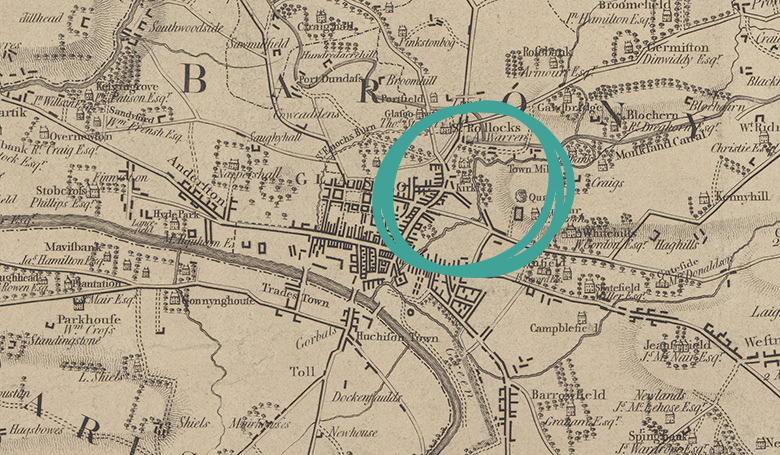 An old map of Glasgow with an area circled to highlight a Kirk with depictions of trees around it and a river marked beside it.