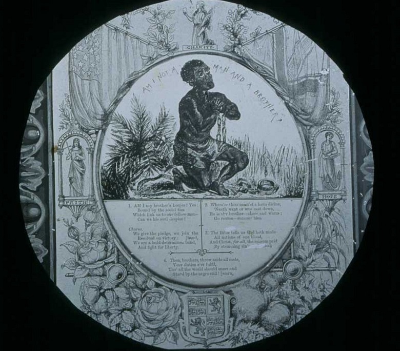 An illustrated image featuring a kneeling man in chains with the caption "Am I not a man and a brother?" above him. The central figure is surrounded by decorative elements including flowers, human figures, and ornate borders. Below the image is a four-stanza abolitionist poem promoting equality and condemning slavery, with a chorus calling for liberty and an end to oppression.