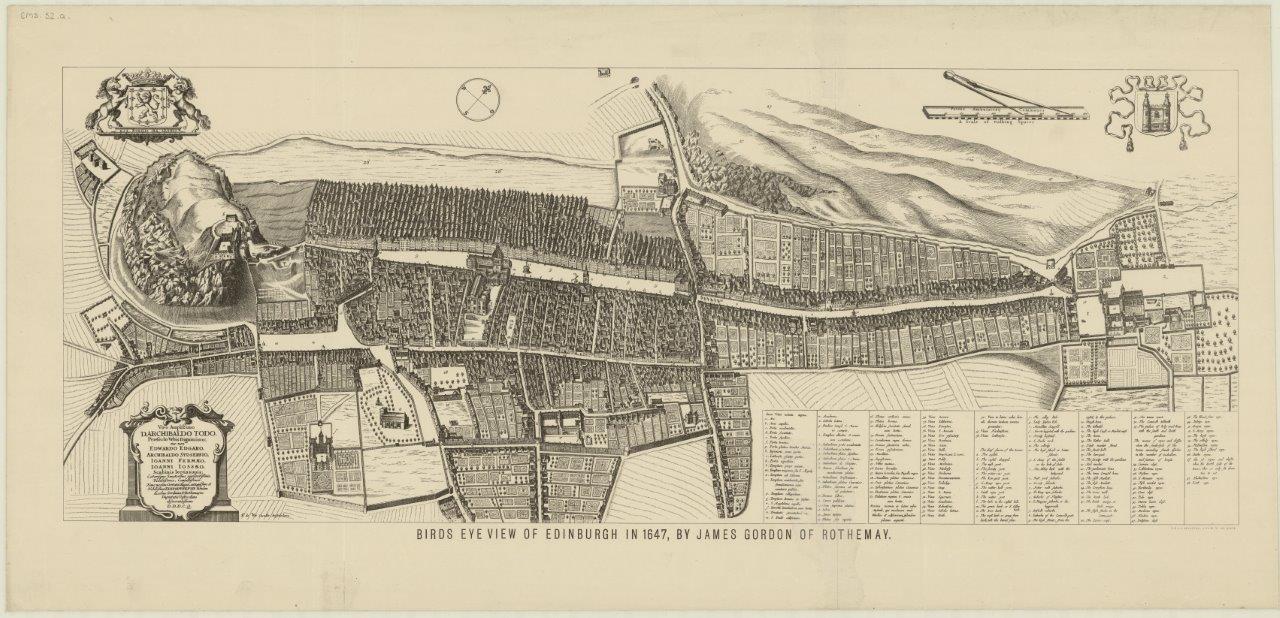 A black and white map of Edinburgh. On the right a castle on a large hill, then the city with long narrow streets of densely packed buildings along a wide central street. To the left the buildings are further apart with long narrow gardens, and a palace complex.