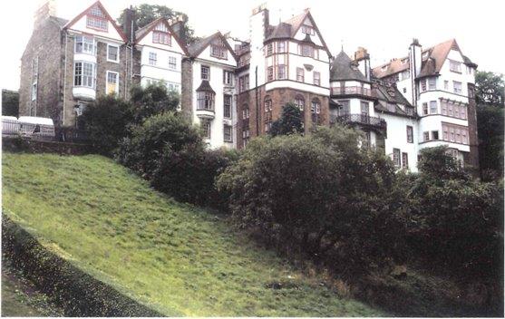 A steep grassy hill with bushes in front of a row of buildings. They are mostly white with red tiled or grey slate roofs; high gable ends, red or dark stonework and many windows in a variety of shapes and sizes.