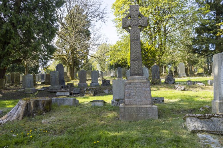 A large graveyard on a sunny day.