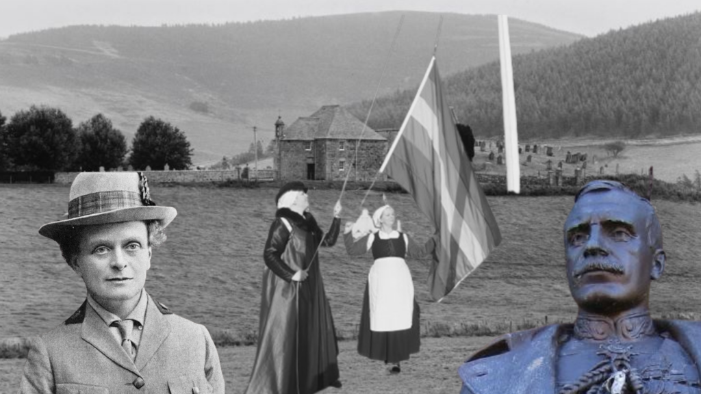 A church in the centre of a rural landscape. In front of the church are three overlayed images with background removed. One is a woman, another are two women in historical outfits raising a flag, and one is a brass statue of a man in uniform.