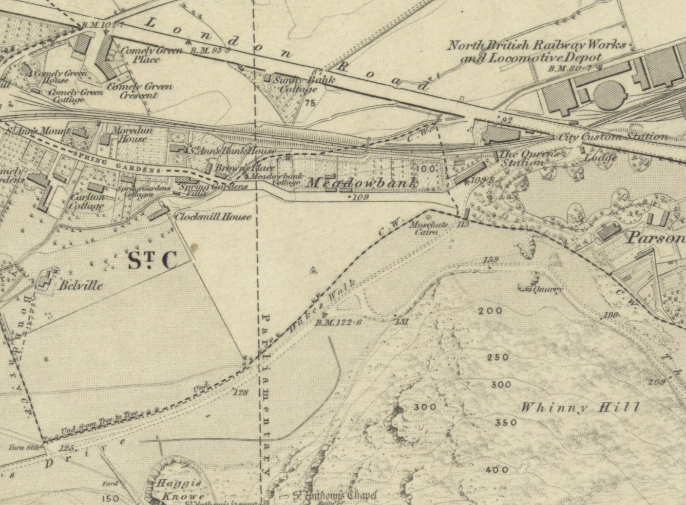 Archive map showing a park in a city with some landmarks.