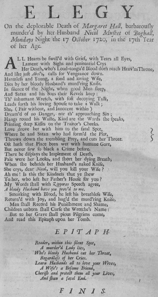 Printed text of an elegy to Margaret Hall.