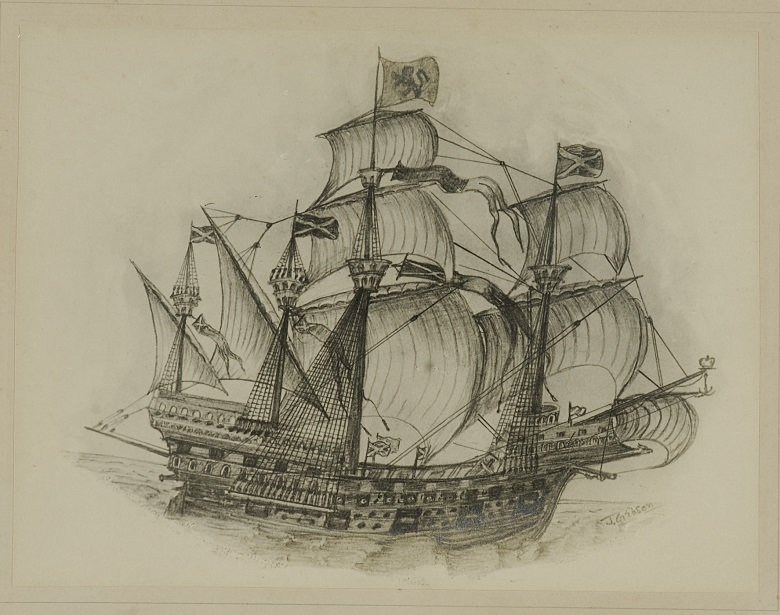Detailed pencil drawing of a large sailing ship with multiple masts and billowing sails. The vessel features ornate rigging, flags flying from the masts, and a decorative stern. 