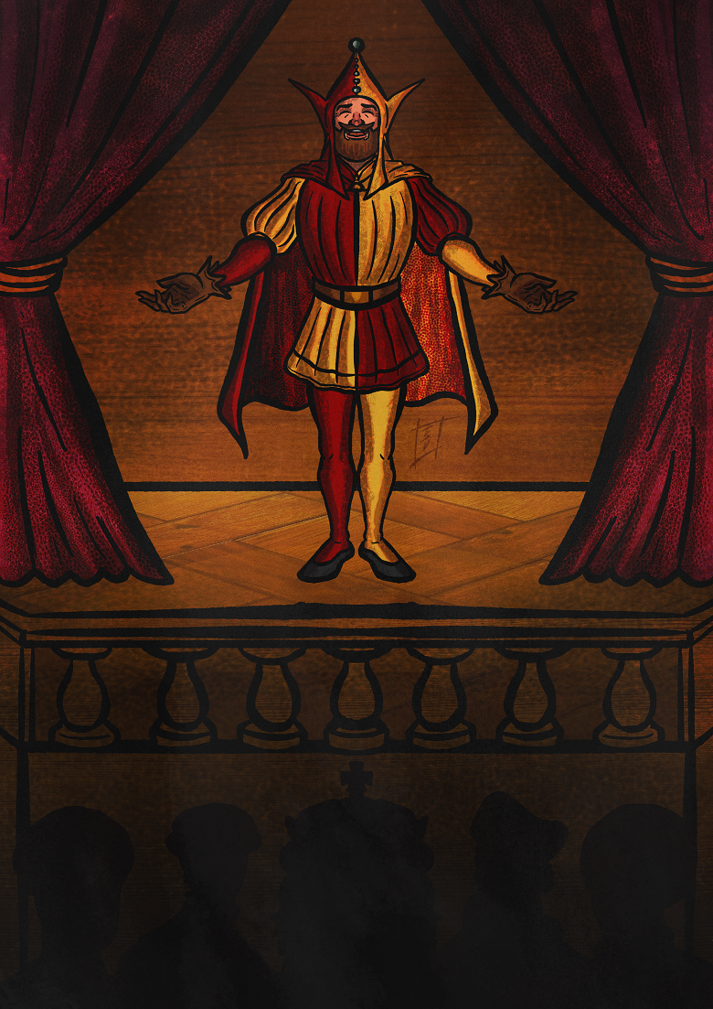 Illustration of a court jester standing center stage between two deep red curtains. The jester wears a split-colored costume in red and cream with a pointed hat and extended sleeves, arms outstretched in a welcoming gesture. The stage floor is wooden, and below is a darkened audience area with silhouetted figures watching from behind a decorative railing.