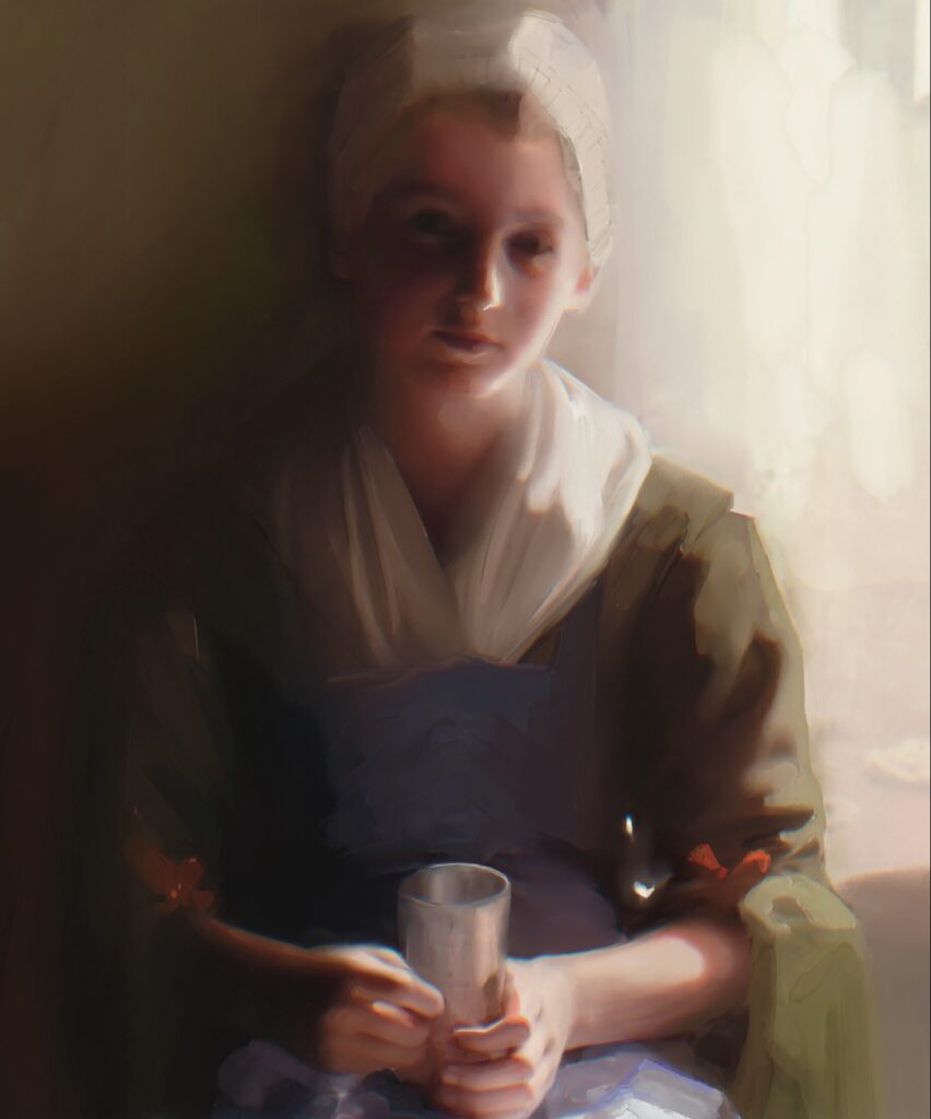 Illustration of a person wearing historical-style clothing, including a white head covering and a dark garment with a light scarf, seated indoors near a bright window. The individual is holding a metal cup with both hands, and the scene is softly lit with warm tones.