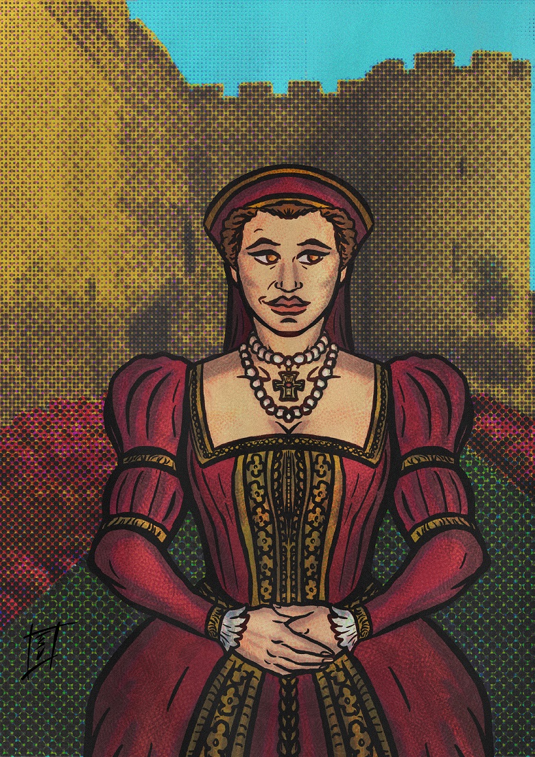 Illustration of a figure in an ornate Renaissance-style gown with puffed sleeves and intricate gold detailing. The dress is deep red with decorative patterns, and the figure wears layered pearl necklaces with a prominent cross pendant. Hands are clasped at the waist. In the background, there is a golden stone castle wall and a bright blue sky above, with a textured, patterned effect across the entire image.