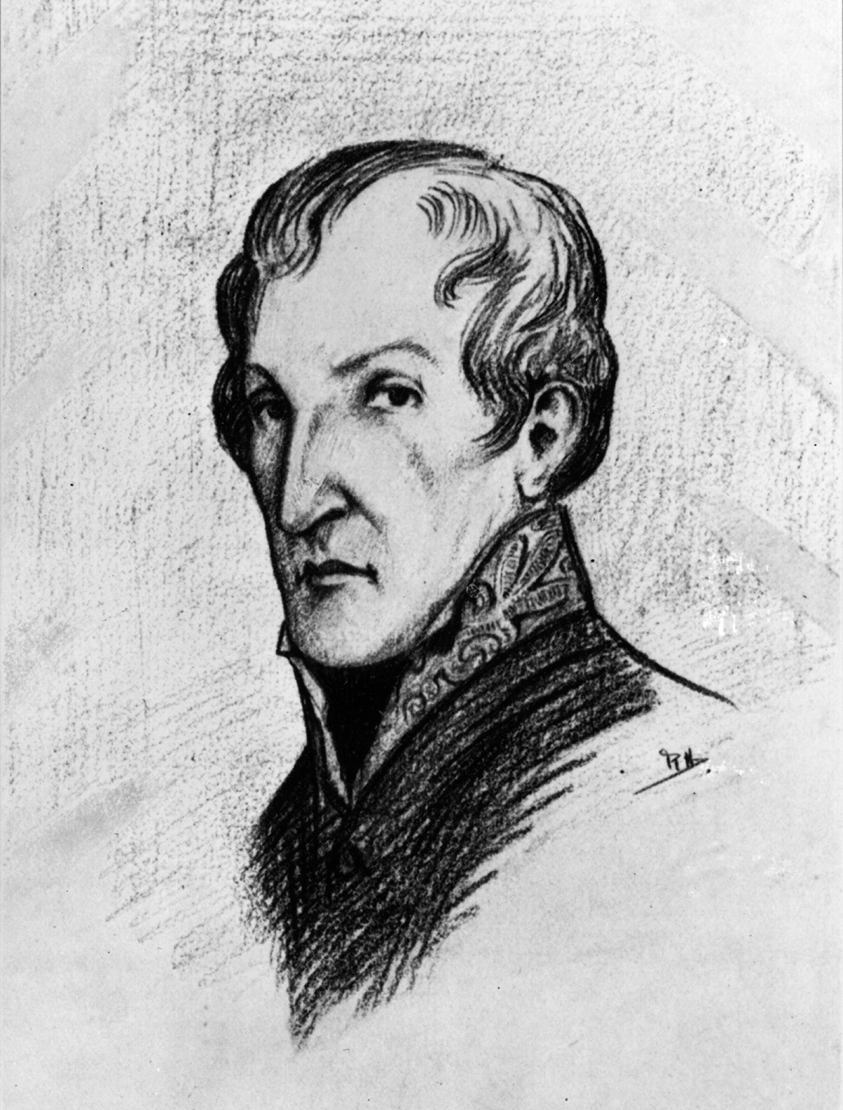 Sketch of a clean shaven man wearing a high collar and a serious expression