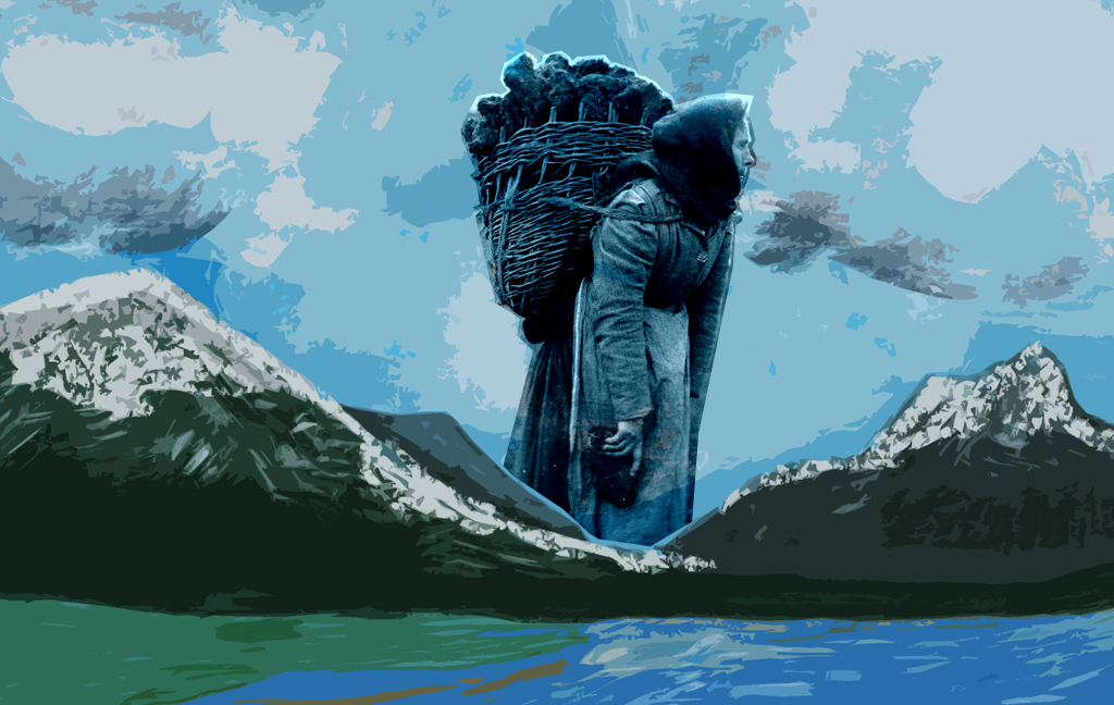 a woman with a wicker basket on her back with mountains and water in front of her