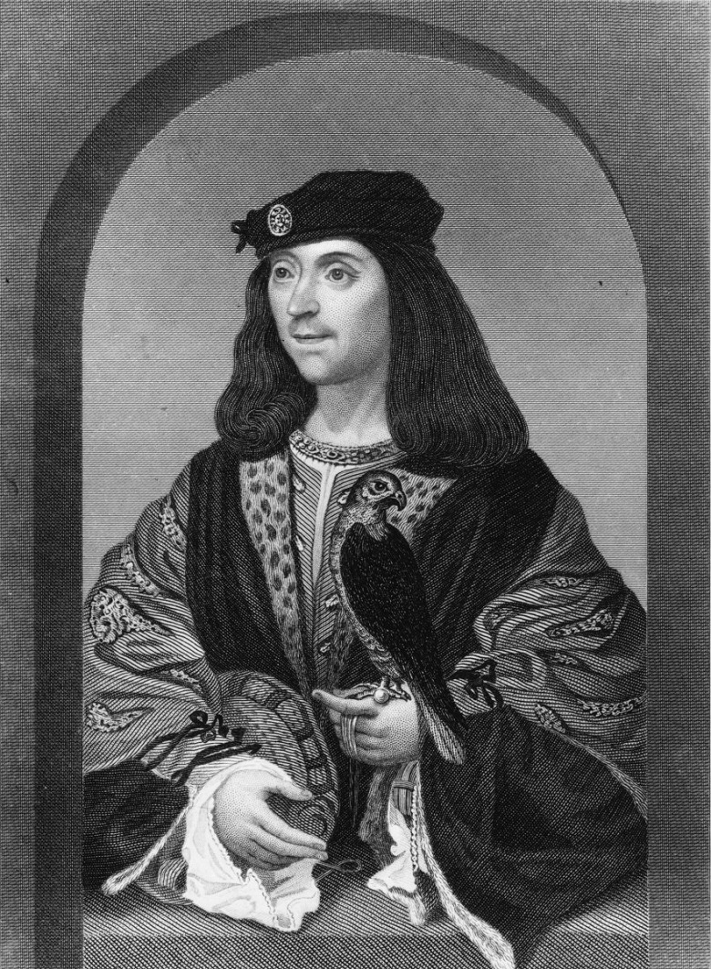 Engraved portrait of a richly dressed figure identified as James IV, shown seated within an arched frame. He wears elaborate robes with patterned sleeves and a fur‑trimmed mantle, and holds a falcon perched on one gloved hand. The style is highly detailed, with fine linework typical of historical engravings.