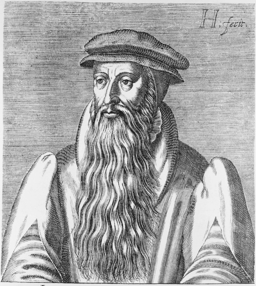 Engraved portrait of John Knox shown from the waist up, wearing a flat cap, long flowing beard, and heavy robes. The background is a lined, textured surface, and the artist’s signature appears in the top right corner.