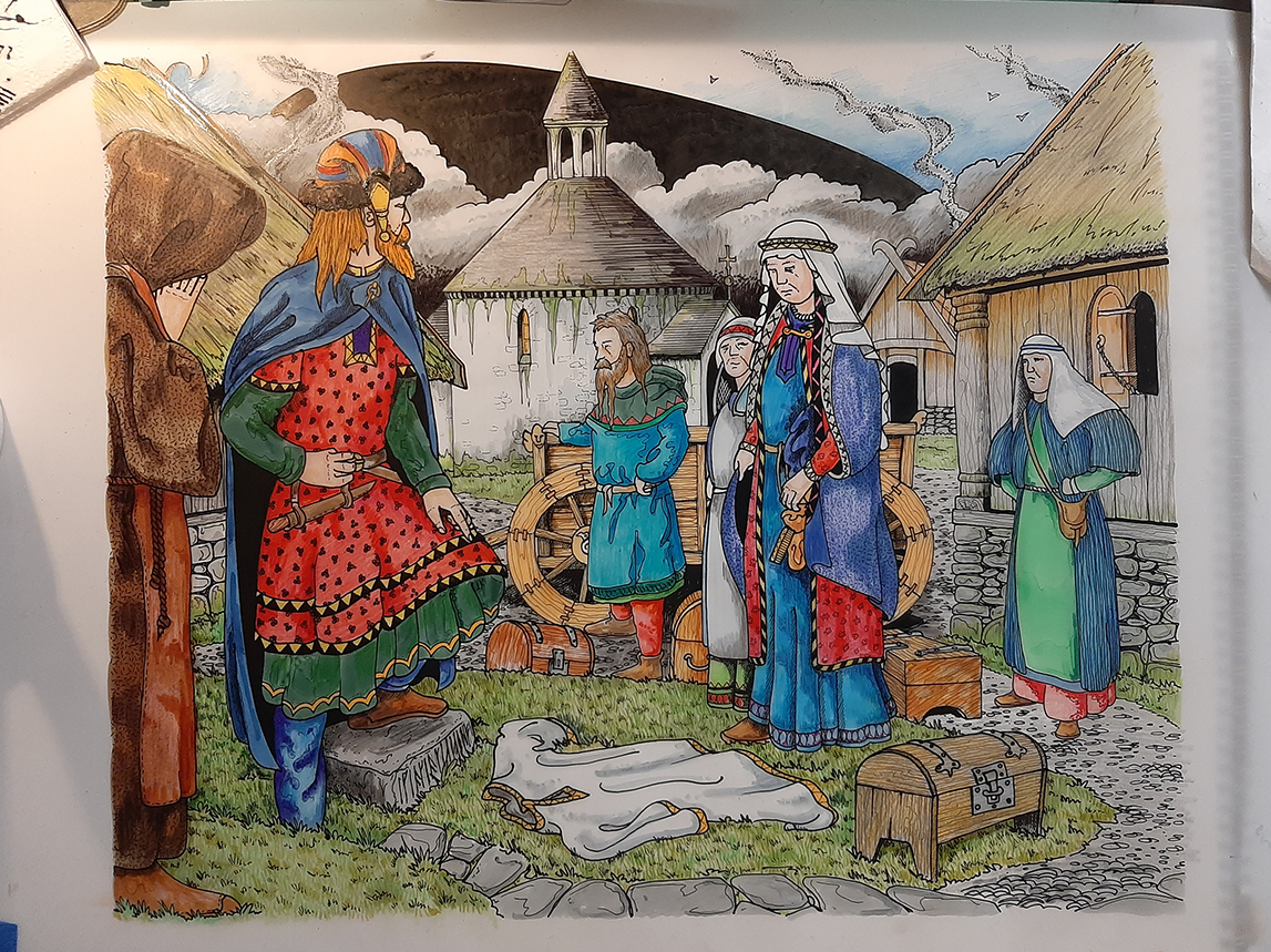Illustration showing 5 people in Viking era clothing standing by a round building looking at a white shirt lying on the ground