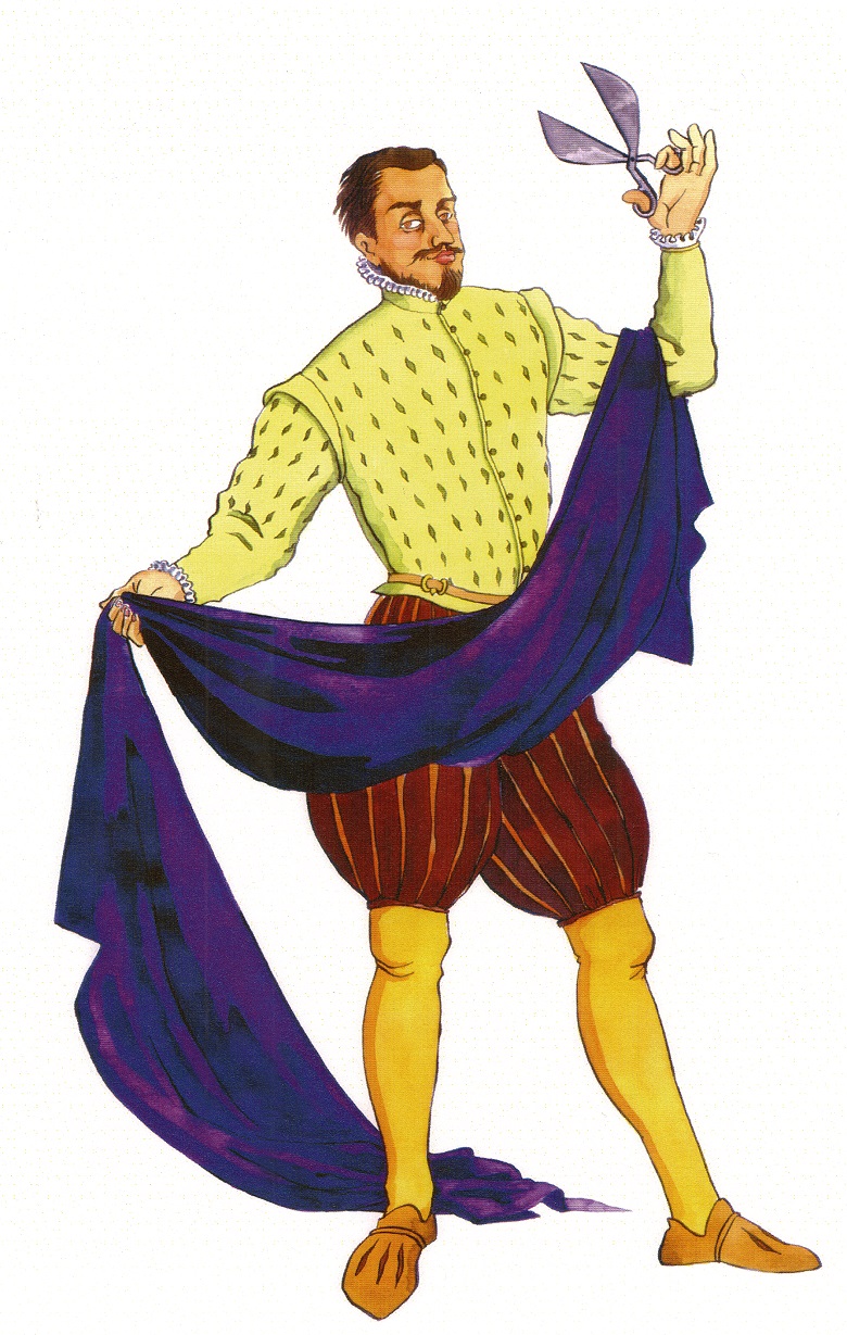 Illustration of a person in historical clothing holding a large piece of deep purple fabric in one hand and a pair of scissors raised in the other. They wear a yellow, patterned doublet, striped red-and-brown trunk hose, yellow stockings, and soft brown shoes. The pose suggests they are presenting or preparing to cut the fabric.