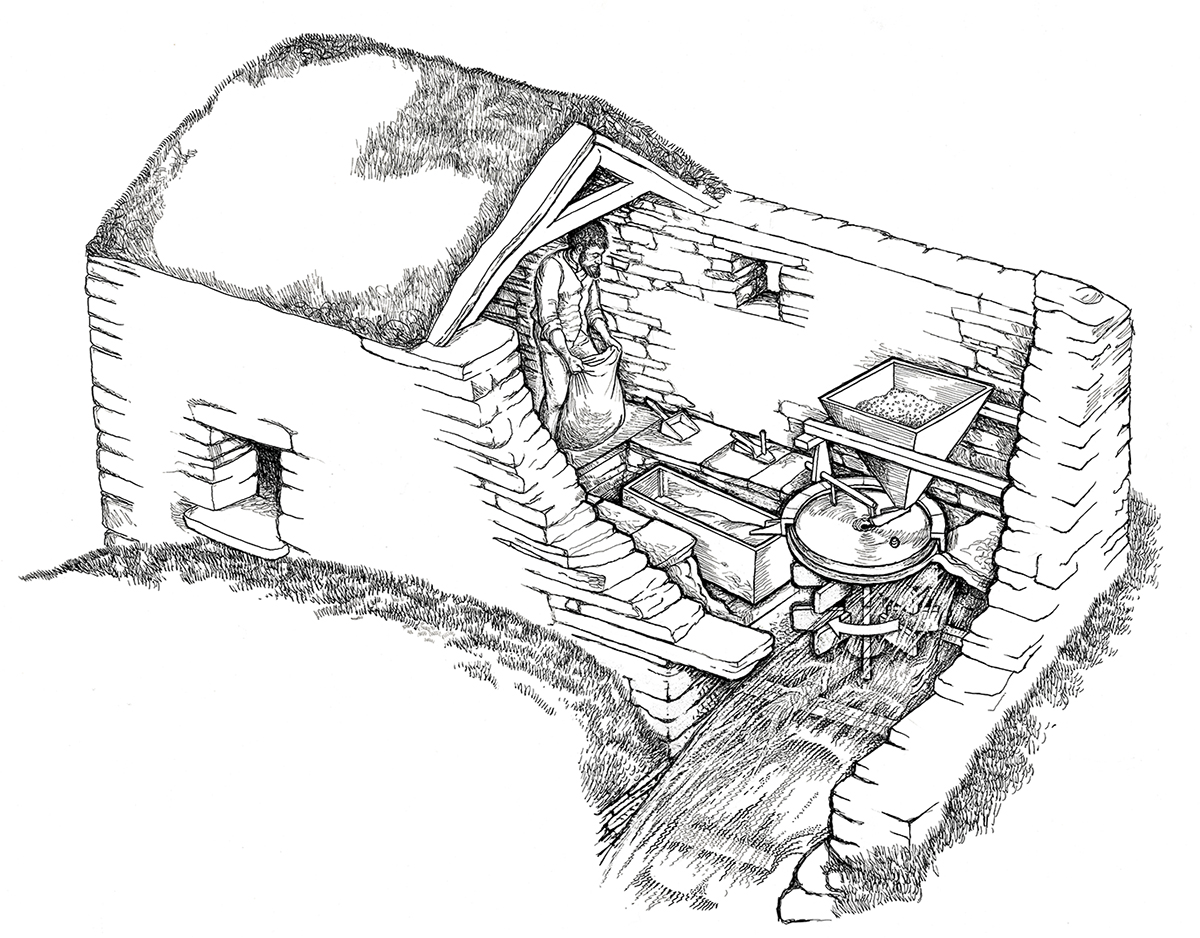 Line drawing showing a cross section of the inside of a simple mill with the water wheel on its side