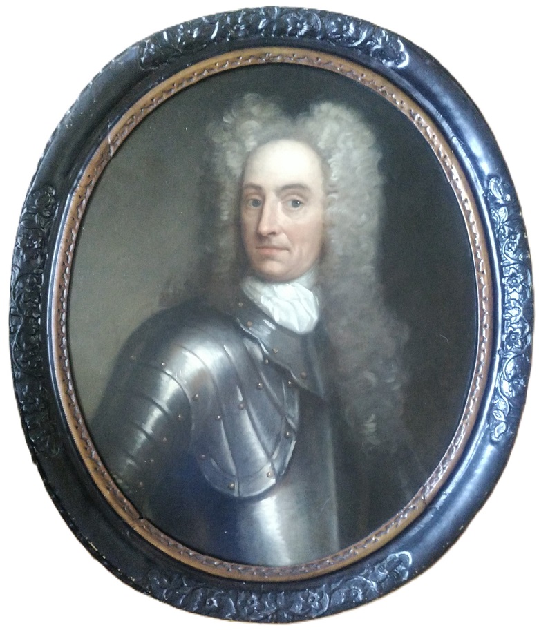 An oval-framed portrait of a man wearing dark, polished plate armor with rivets and a white cravat at the neck. The man wears a long, curly white wig cascading over the shoulders. 