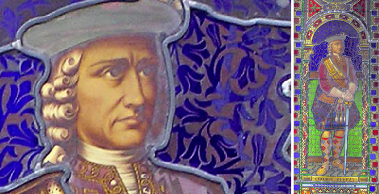 A stained glass window depicting Lord George Murray in elaborate Highland dress. The left side shows a close-up of his upper body, highlighting detailed patterns in gold and red on his jacket against a deep blue floral background. The right side shows the full window, with Murray standing in traditional attire including a tartan kilt, jacket, and sash, holding a sword.