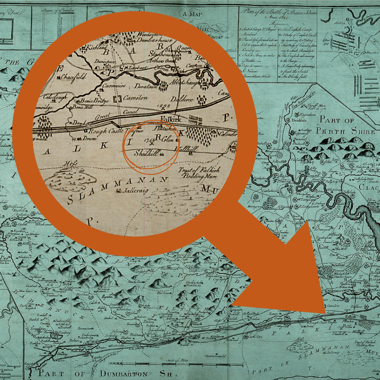 A historical map of central Scotland with an orange magnifying circle highlighting the area around Falkirk. Inside the zoomed-in section, the location of the Battle of Falkirk Muir is marked near Falkirk town, showing surrounding places such as Slamannan and Shieldhill. An orange arrow points from the magnified detail back to the main map, which is teal in color with black engraved details.