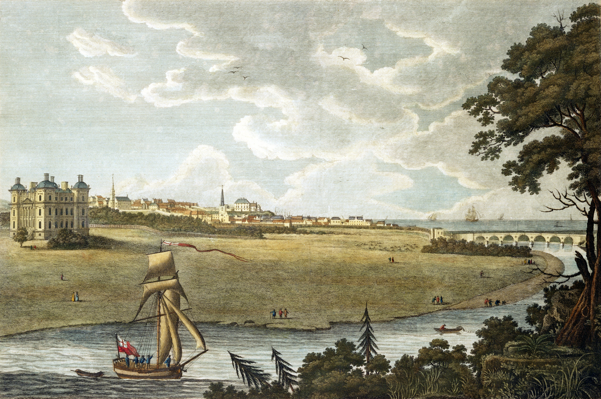 Historic landscape painting showing Duff House on the left, a wide open riverside landscape, people walking on the shore, and a sailing boat in the foreground, with a long arched bridge and a distant town under a bright, cloudy sky.