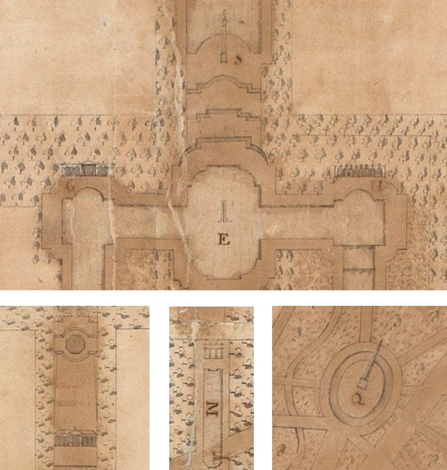 Historical hand drawings of plans for buildings in the gardens of Hopetoun House.