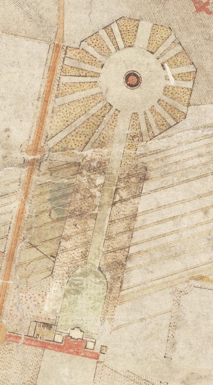 An old architectural plan showing a long axial avenue leading to a circular garden feature divided into radial sections, surrounded by fields and tree plantings.