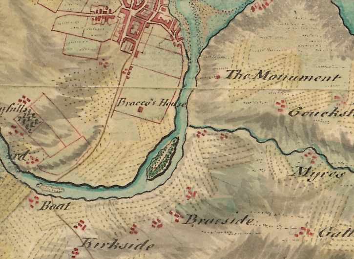 A historic map showing a river winding around fields, settlements, and named landscape features, including ‘Bracco’s House,’ ‘The Monument,’ and ‘Braeside.’ Small clusters of red buildings mark settlements, and shaded hills and wooded areas are illustrated across the terrain.