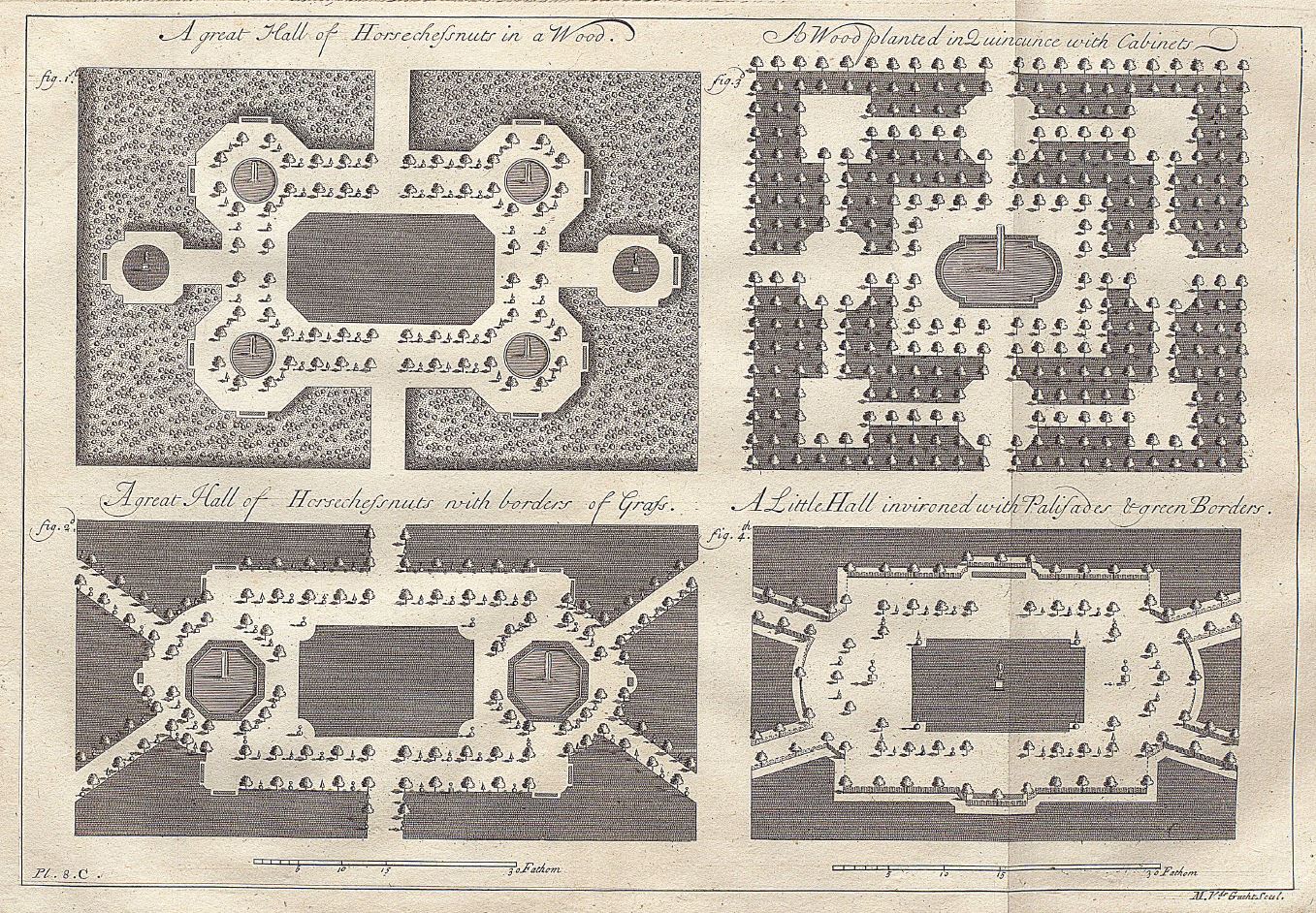 Historical drawn designs of wooded areas.