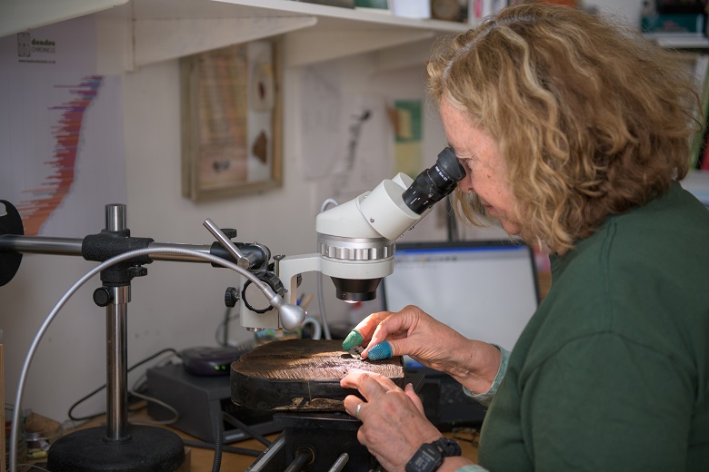 A woman with curly hair sits at a workbench examining an object under a mounted microscope. The workspace is filled with tools, equipment, and papers, with shelves and a computer monitor in the background. The person uses small hand tools while closely inspecting the object positioned beneath the microscope’s lens.