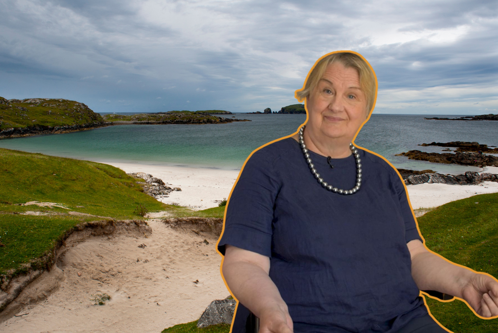 A composite image showing a person seated, set against a coastal landscape from the Isle of Lewis. Large text reads ‘Telling a story of the Isle of Lewis.’ The background features sandy dunes, rocky shoreline, and a calm sea beneath a cloudy sky.