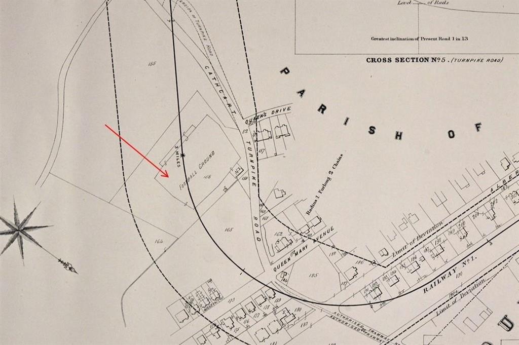 Archival map showing a railway line with a red arrow drawn indicating the location of First Hampden.