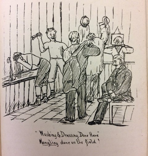 Line sketch of men getting ready inside a changing room. 