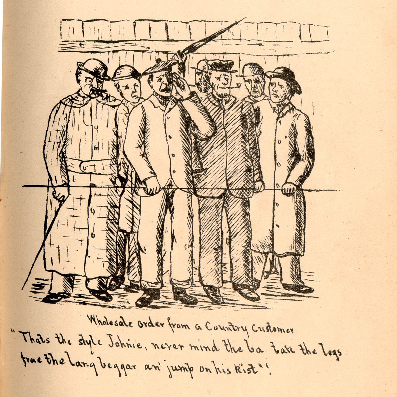 Historic line sketch of men watching a football match.