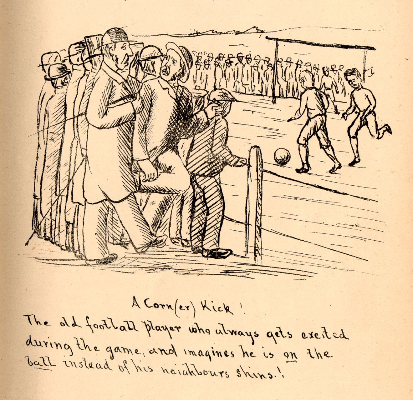 Historic line sketch of spectators and a football match.