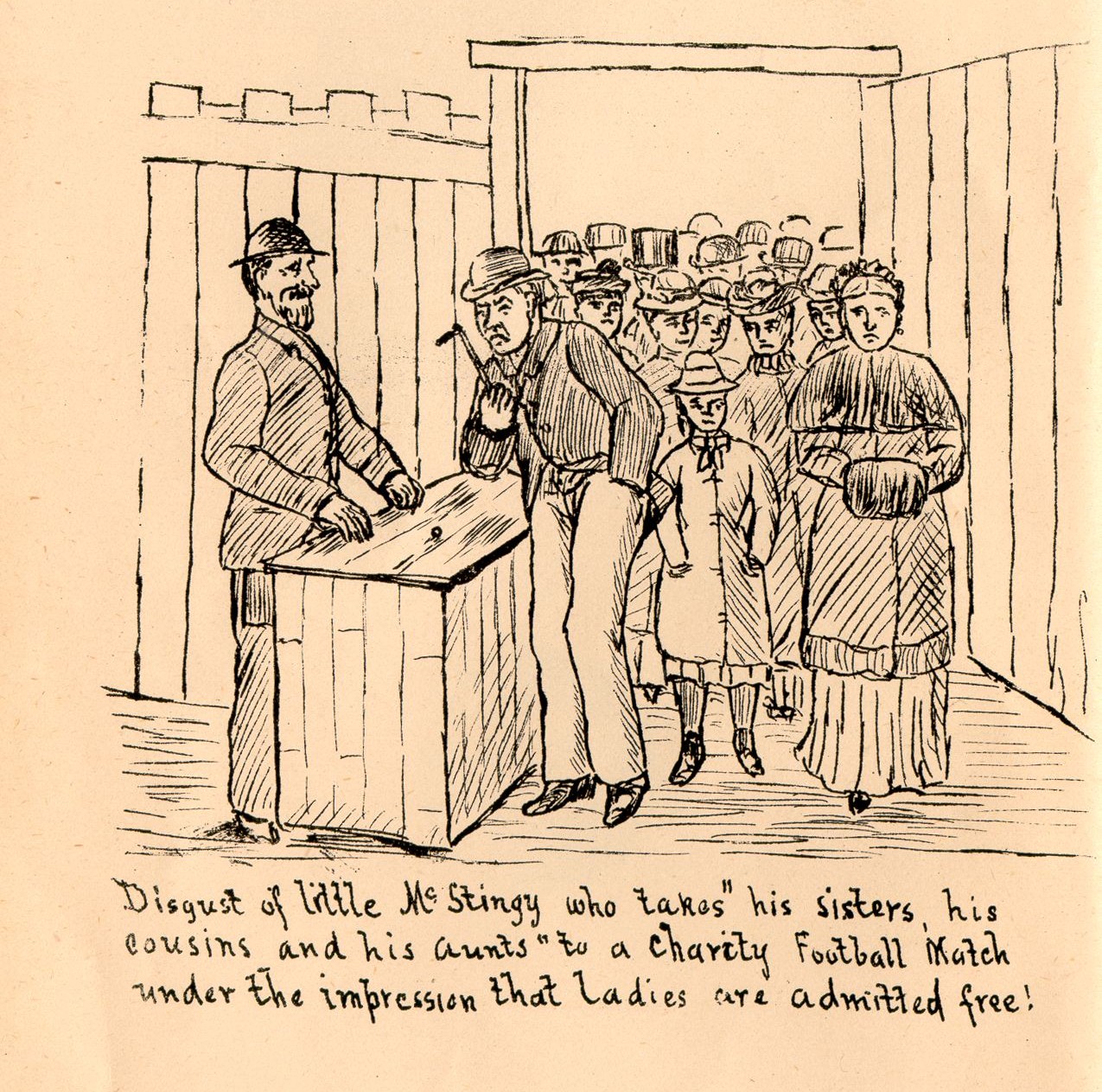 Historic line sketch of people waiting in line to pay at a ticket gate.