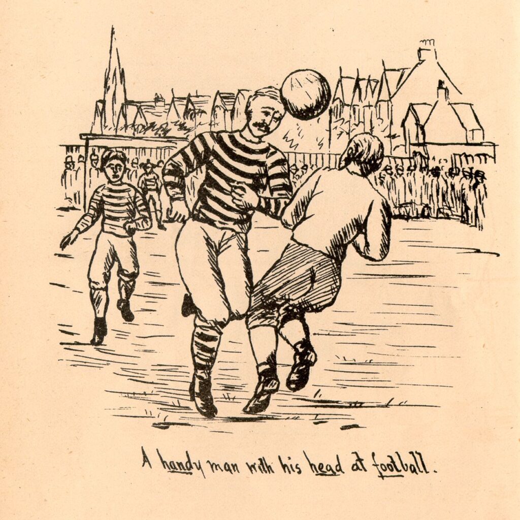 Historic line sketch of man headering a ball playing football. Spectators and town can be seen behind them.