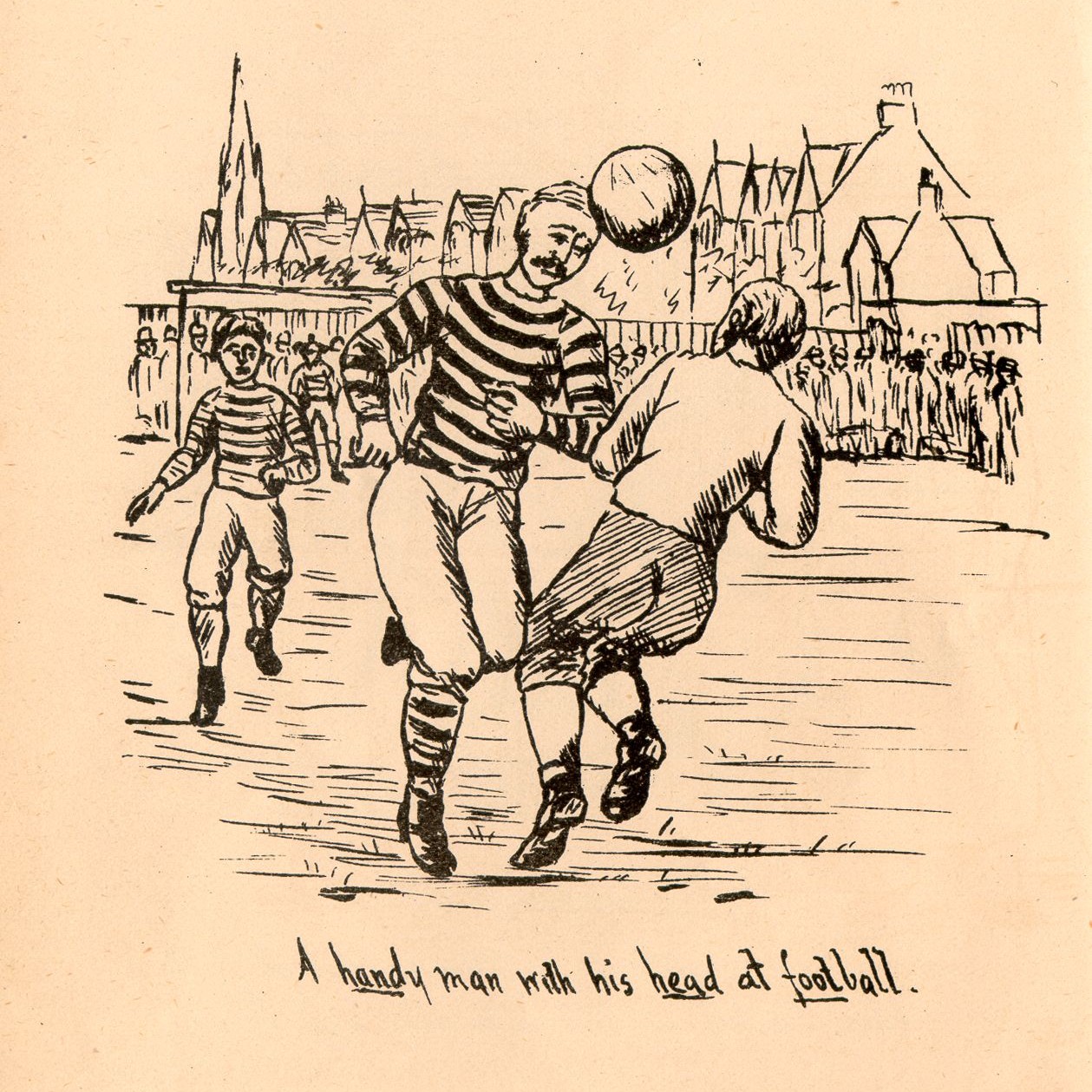 Historic line sketch of man heading a ball playing football. Spectators and town can be seen behind them.