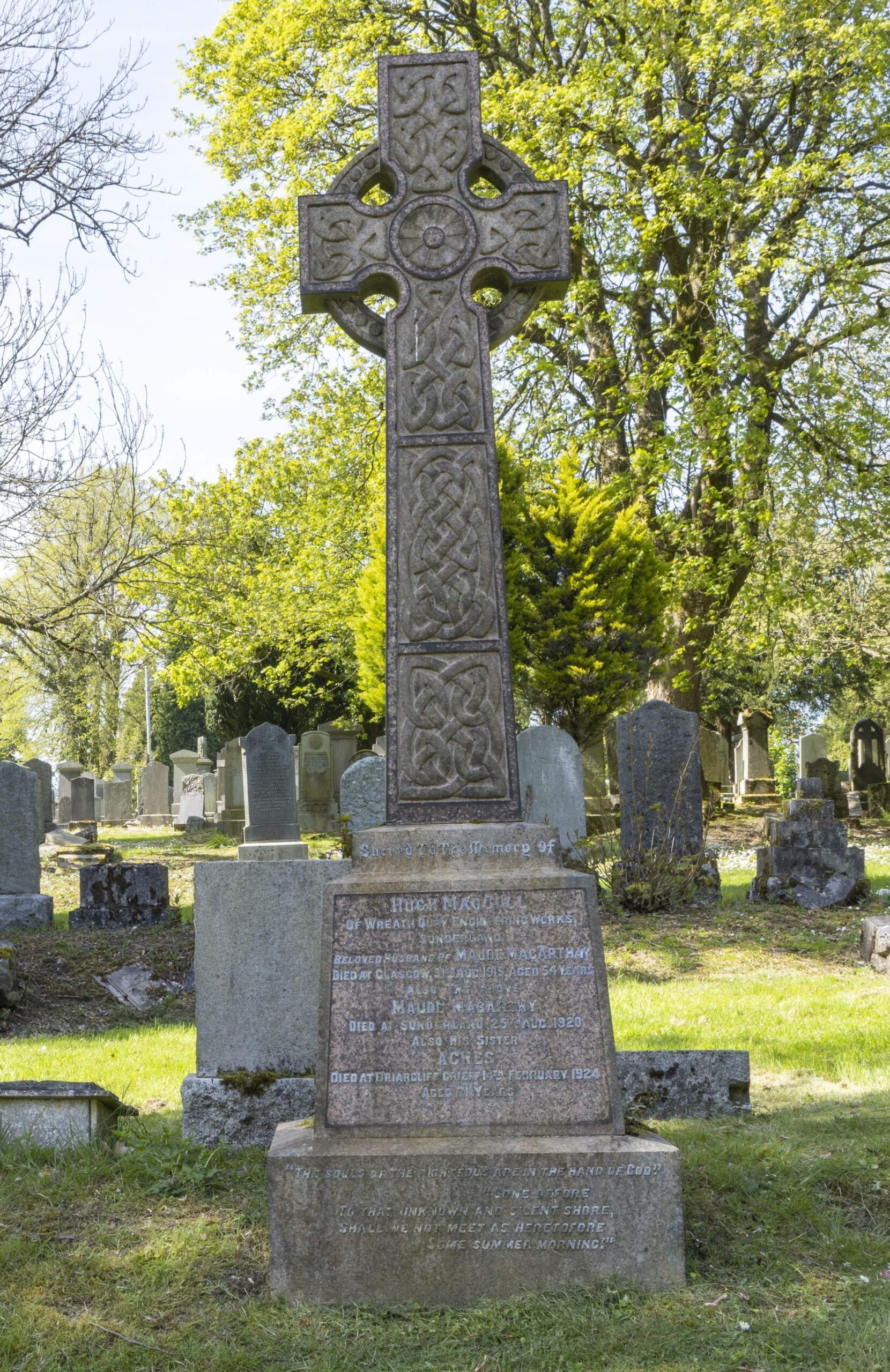 Large Celtic cross gravestone with intricate carved patterns standing in a cemetery surrounded by trees and headstones in bright daylight.