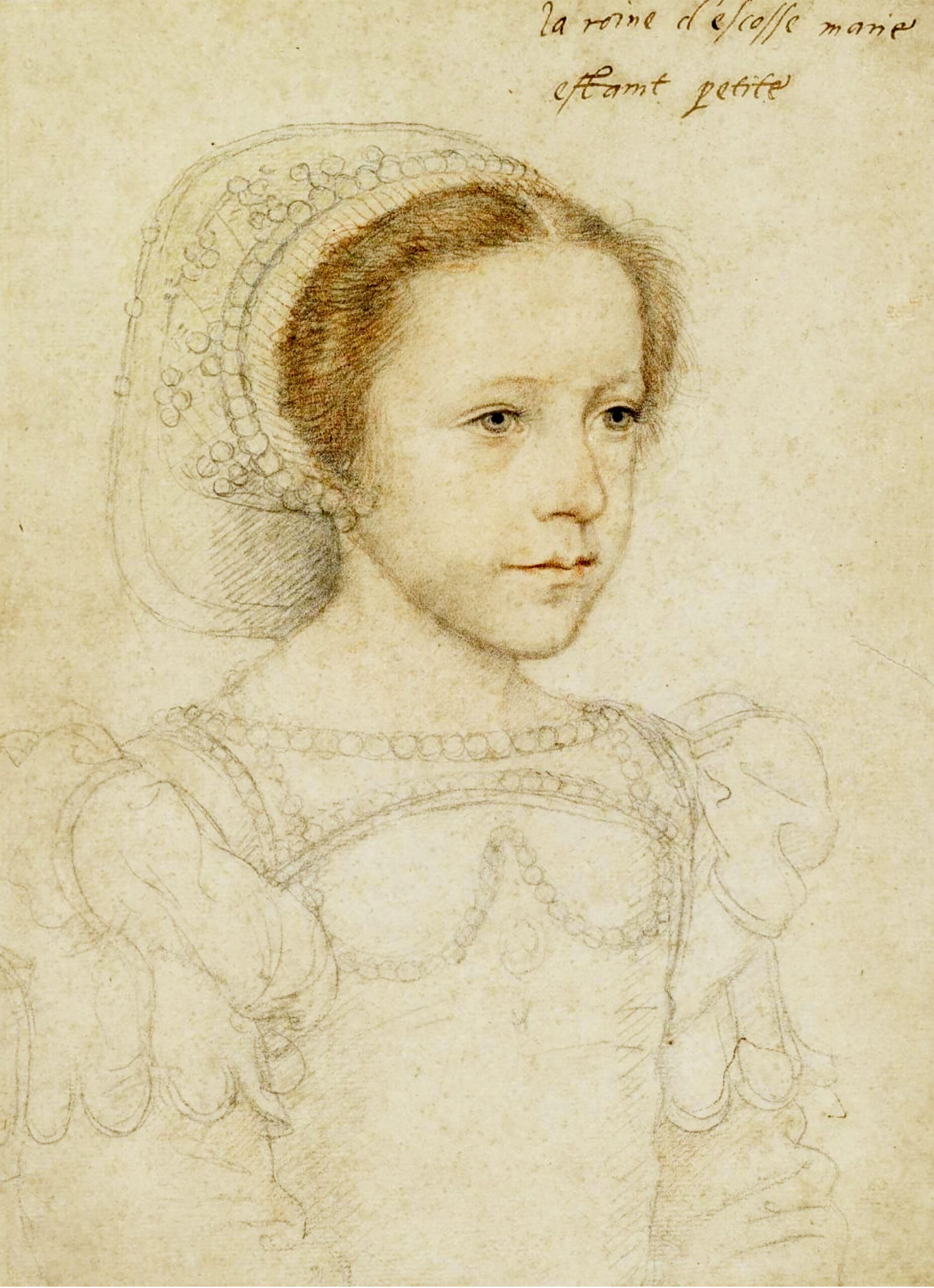 Historical drawing of a child in a dress and headdress.