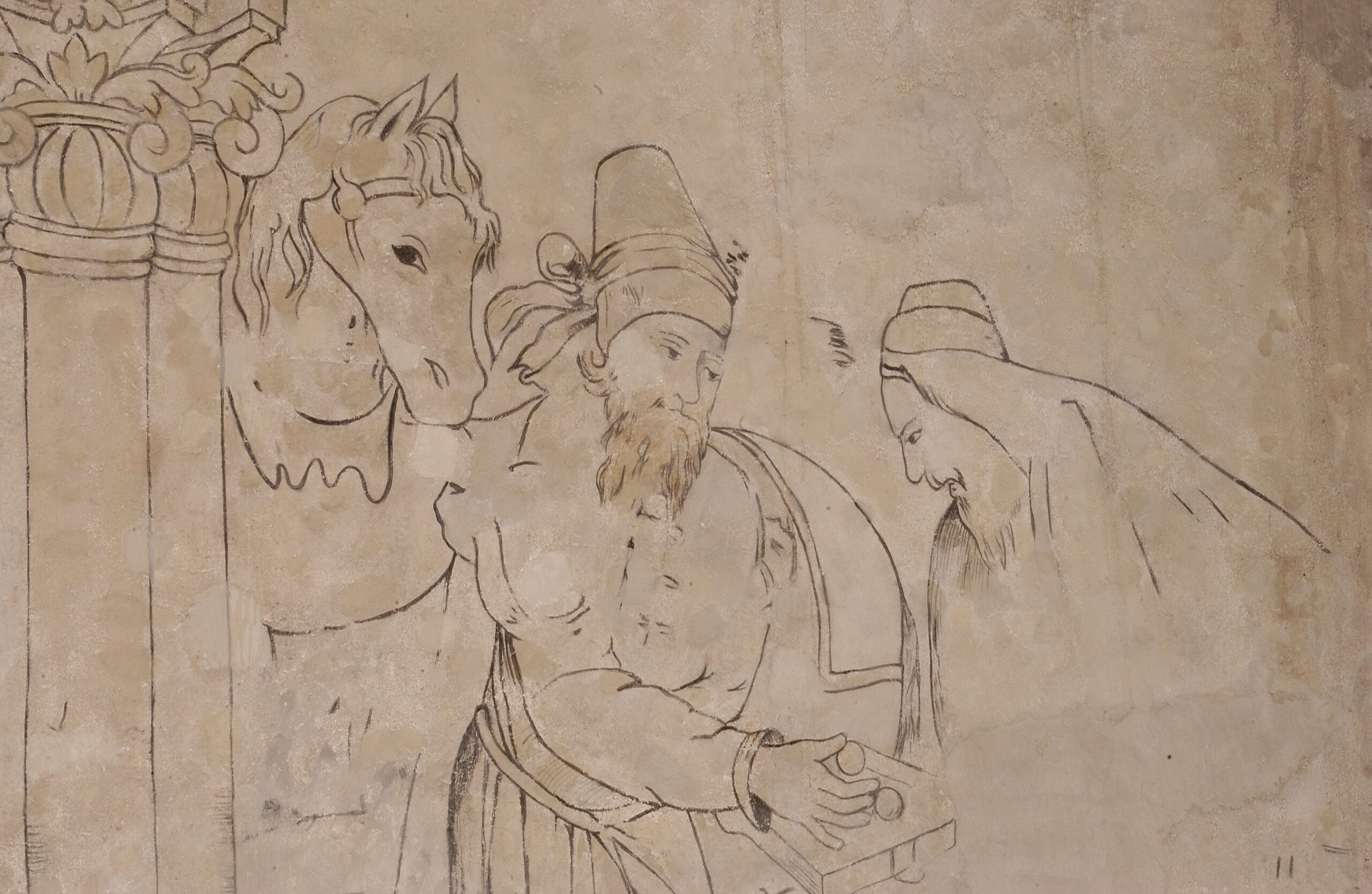 Historic mural, slightly faded, of two people and a horse. 