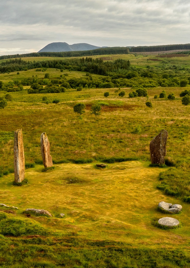 View of Machrie 2 stone circle on Machrie Moor, Arran, showing three surviving standing stones within a grassy enclosure. In the foreground, two circular stone millstones lie on the ground.