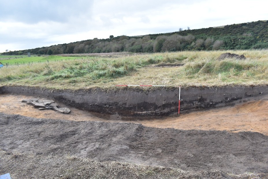 Midden excavation under grass.